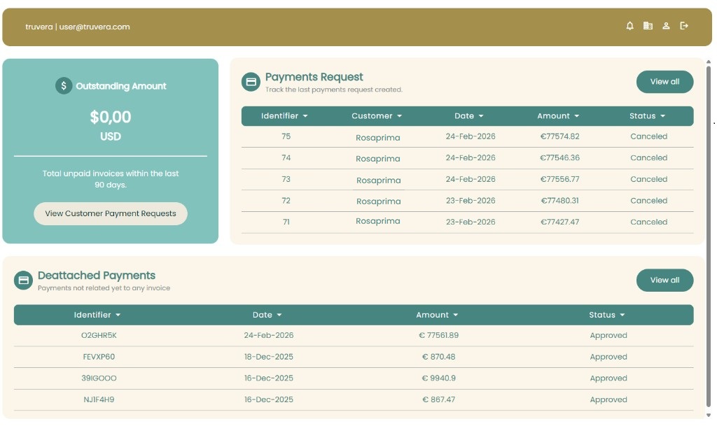 Truvera dashboard preview — payments and outstanding amount